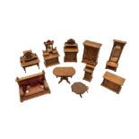 A COLLECTION OF OAK WOODEN DOLLS HOUSE FURNITURE