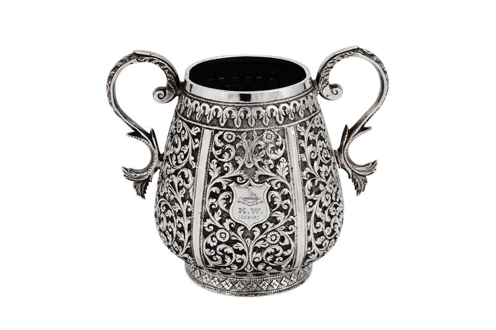 A LATE 19TH CENTURY ANGLO – INDIAN UNMARKED SILVER TWIN HANDLED SUGAR BOWL, CUTCH DATED 1894