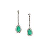 A pair of emerald and diamond pendent earrings, early 20th century