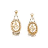 A pair of pearl and diamond pendent earrings