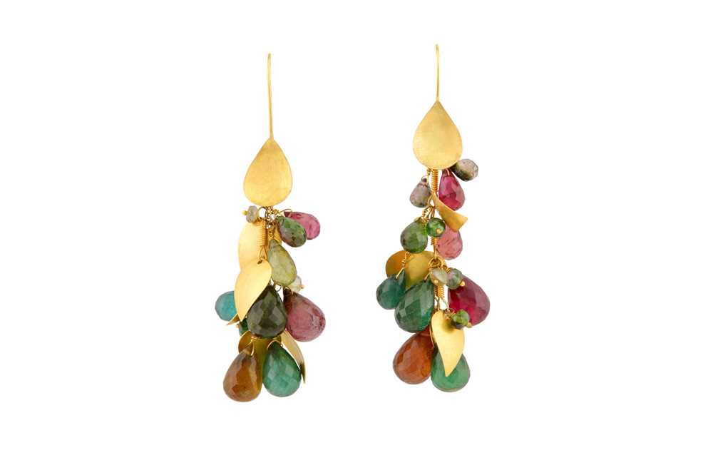 A pair of gold and multi-coloured tourmaline earrings