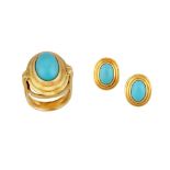 A turquoise ring and earclip suite