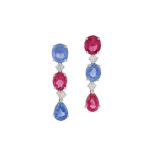 A pair of pink tourmaline, sapphire and diamond pendant earrings