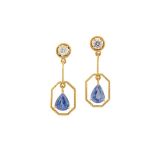 A pair of sapphire and diamond pendent earrings