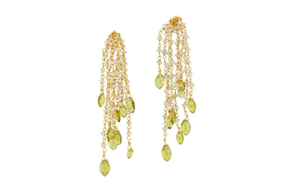 A pair of gold, aquamarine and peridot earrings