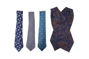 Three Hermes Silk Print Ties and Cravat
