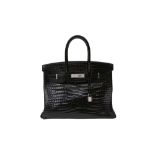 λ Hermes Shiny Black Porosus Crocodile Diamond Birkin 35