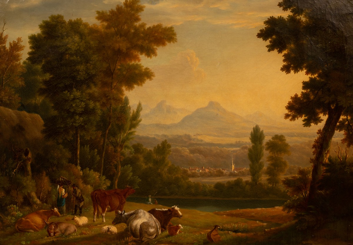 Follower of Jan Van de Bent/Cattle and Cowherd in a Landscape/with distant town and mountains/oil