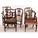 Five 19th Century open armchairs, with pierced upright splats to the backs,