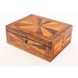 A 19th Century specimen wood box, with starburst type inlays comprising segments of exotic woods,