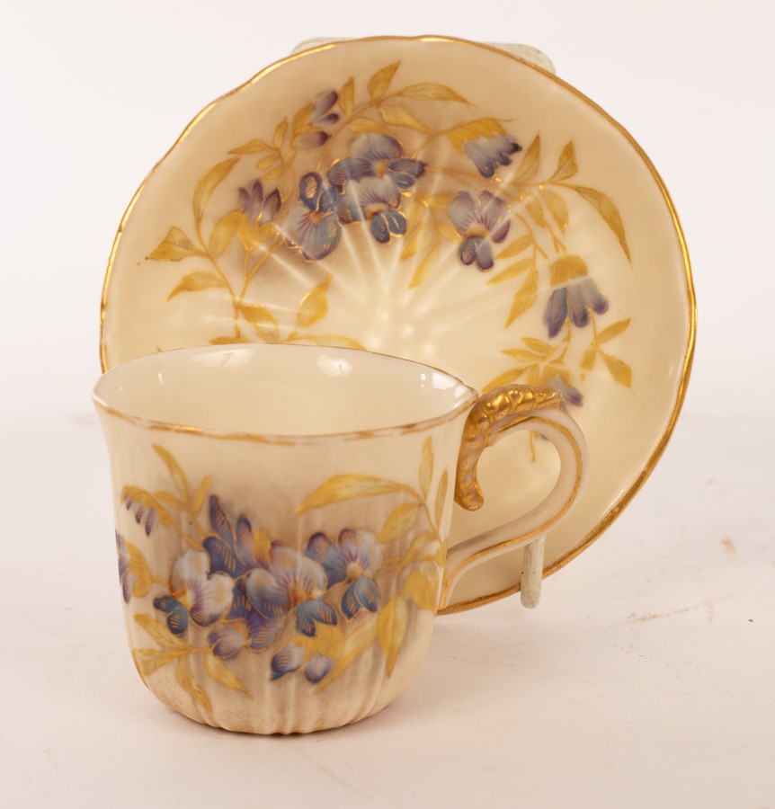 Five Royal Worcester cups and saucers of ribbed form with gilt borders painted sprays of violets - Image 2 of 3