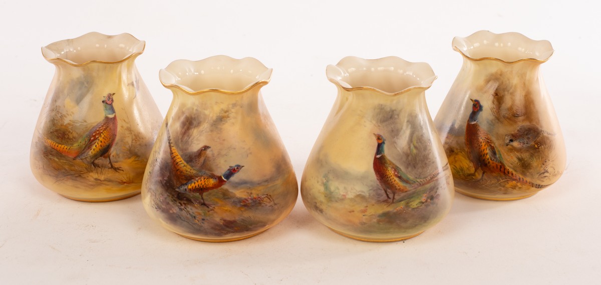 Four Royal Worcester small tapering vases with gilt edged flared necks, - Bild 2 aus 4