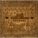 An early 19th Century needlework sampler with verse, named buildings, Horse Hill House,