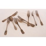 A closely matched set of George III silver fiddle pattern table forks, William Eley & William Fearn,