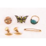 A pair of 18ct gold cufflinks, a paste set butterfly brooch marked 830, a 9ct gold bar brooch,