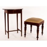 An oval mahogany side table, fitted a drawer, on square taper legs united by square stretchers,