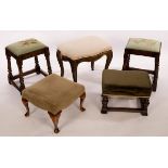 A pair of oak stools with needlework seats, 35cm wide,