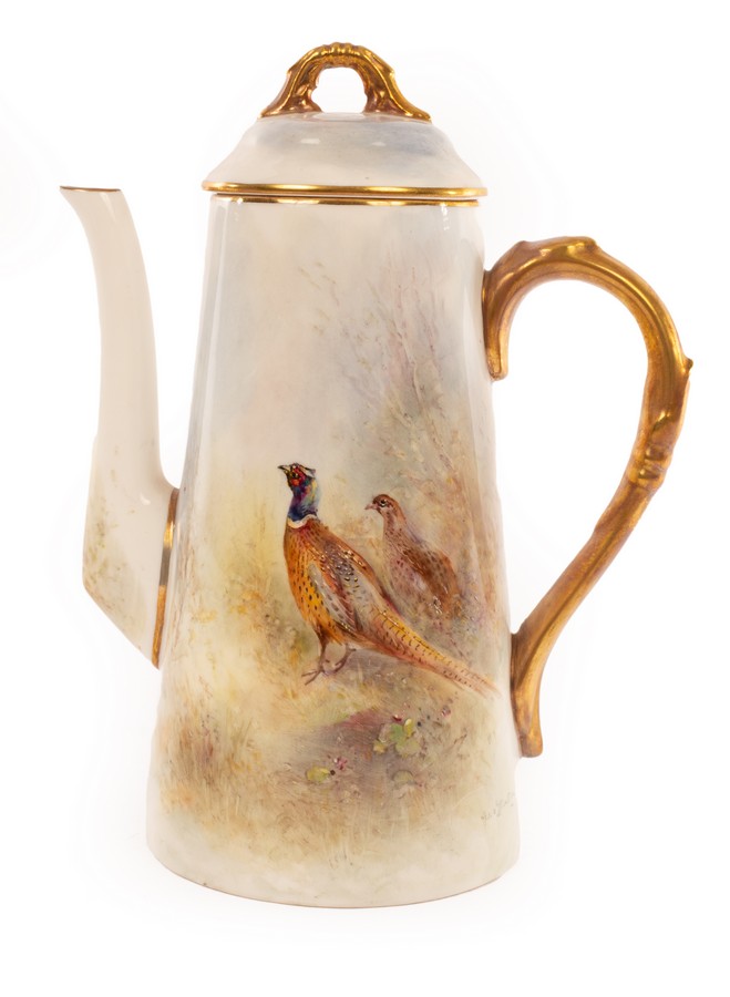 A Royal Worcester coffee pot and cover of tapering form, painted pheasants by James Stinton, signed,