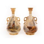 Two Royal Worcester vases, each with pierced gilt handles,