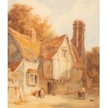 English School, 19th Century/Half-timbered house with figures outside/initialled WM, watercolour,