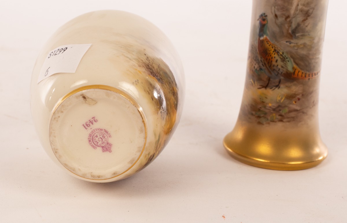 Two Royal Worcester vases painted pheasants by James Stinton, one cylindrical on a gilt ground, - Image 3 of 6