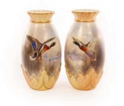 A pair of Royal Worcester baluster vases with gilt rimmed frilled necks and gilt edged foliate band