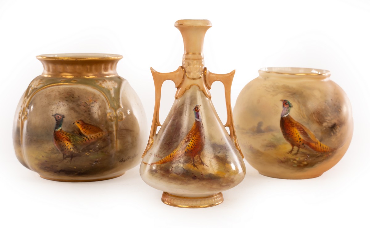 A Royal Worcester globular lobed vase painted pheasants by James Stinton, with gilded rim and neck,