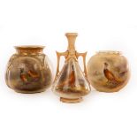A Royal Worcester globular lobed vase painted pheasants by James Stinton, with gilded rim and neck,