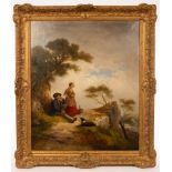 English School, Mid 19th Century/Two Figures resting on a path/a dog at their feet/oil on canvas,