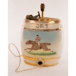 A Staffordshire port barrel, transfer printed decoration of racehorse with jockey up,