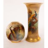 A Royal Worcester cylindrical trumpet vase painted peacocks among spruce branches on a gilt toned