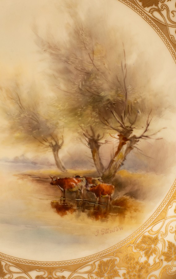 A Royal Worcester plate, painted cattle standing in a stream by James Stinton, signed, - Image 2 of 4