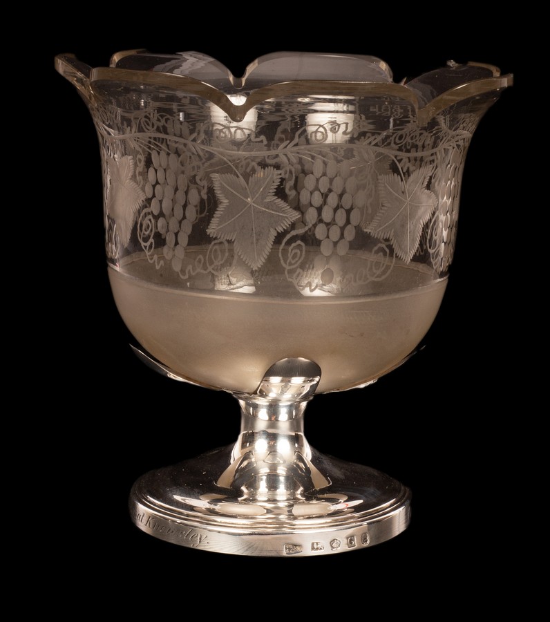 An engraved glass vase with serrated border and silver pedestal base, Sheffield 1804,