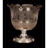 An engraved glass vase with serrated border and silver pedestal base, Sheffield 1804,