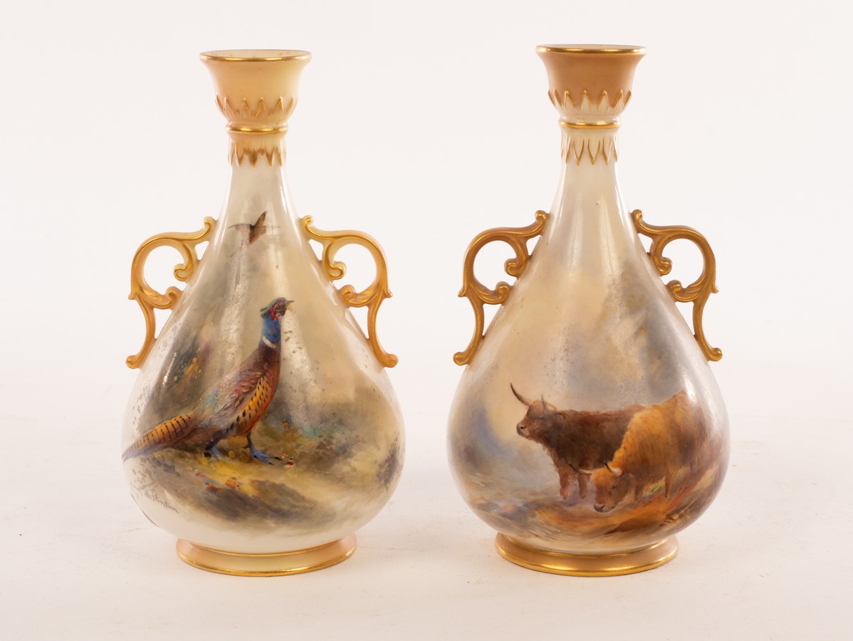 Two Royal Worcester vases, each with pierced gilt handles, - Image 2 of 4