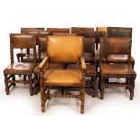 A harlequin set of twelve 17th Century style dining chairs with leather backs and seats,