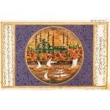 A Persian circular miniature of sailing boats before a city with temple beyond,