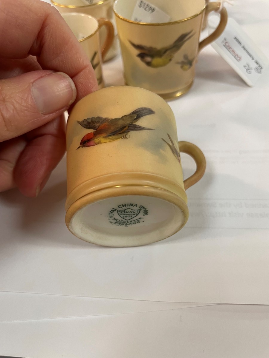 A Royal Worcester miniature loving cup with three handles, painted swallows in flight, 4cm high, - Image 4 of 4