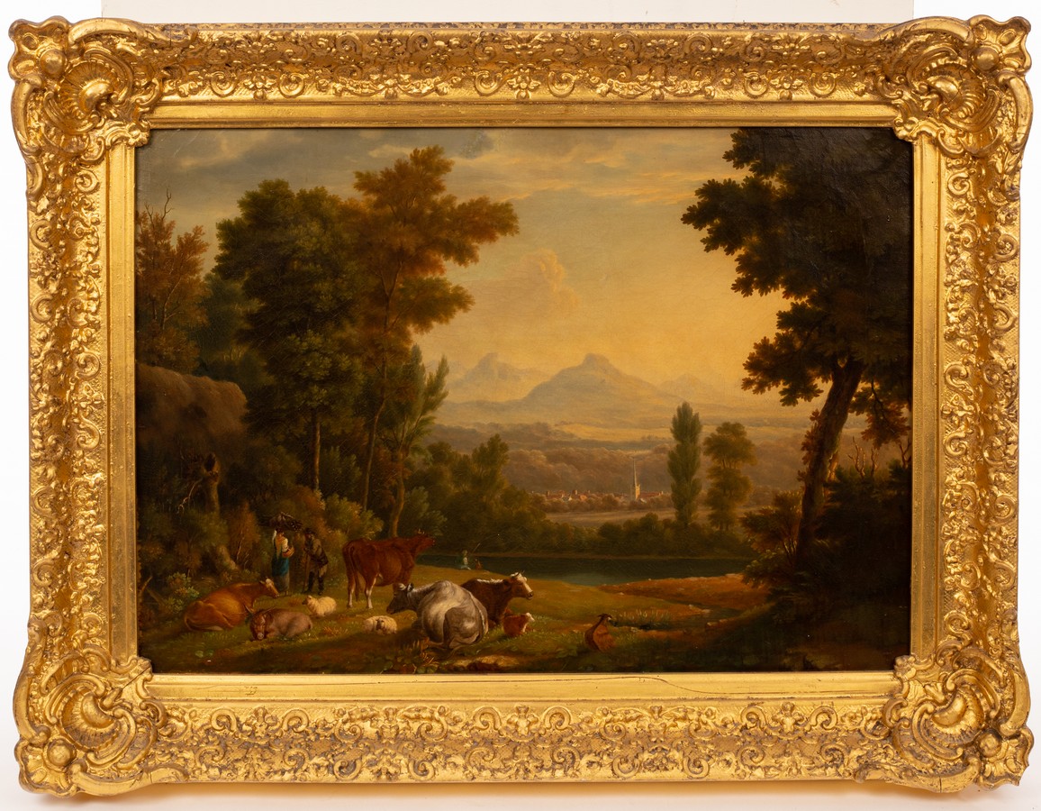 Follower of Jan Van de Bent/Cattle and Cowherd in a Landscape/with distant town and mountains/oil - Image 2 of 4