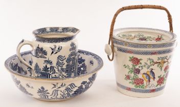 A Maling blue and white willow pattern jug and basin, the basin 40.