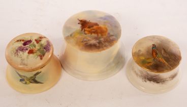 Three Royal Worcester circular boxes and covers, the largest painted highland cattle, 6.