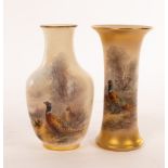 Two Royal Worcester vases painted pheasants by James Stinton, one cylindrical on a gilt ground,
