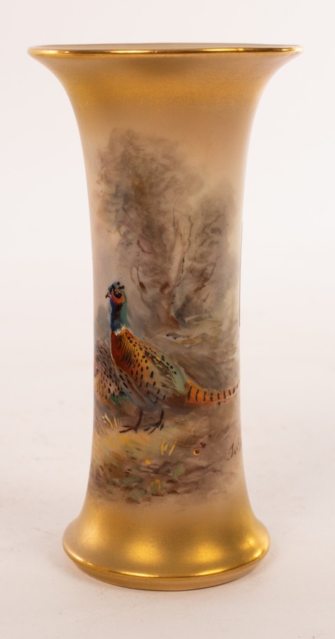Two Royal Worcester vases painted pheasants by James Stinton, one cylindrical on a gilt ground, - Image 4 of 6