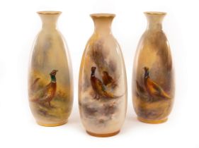 Three Royal Worcester oviform vases with slender necks, each painted two pheasants by James Stinton,