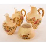 Two Royal Worcester blush ivory jugs painted polychrome flowers, 13.
