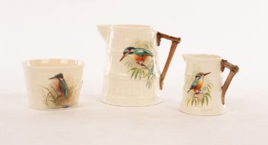 Two Royal Worcester ribbed jugs and a soufflé dish painted kingfishers by William Powell, 9.