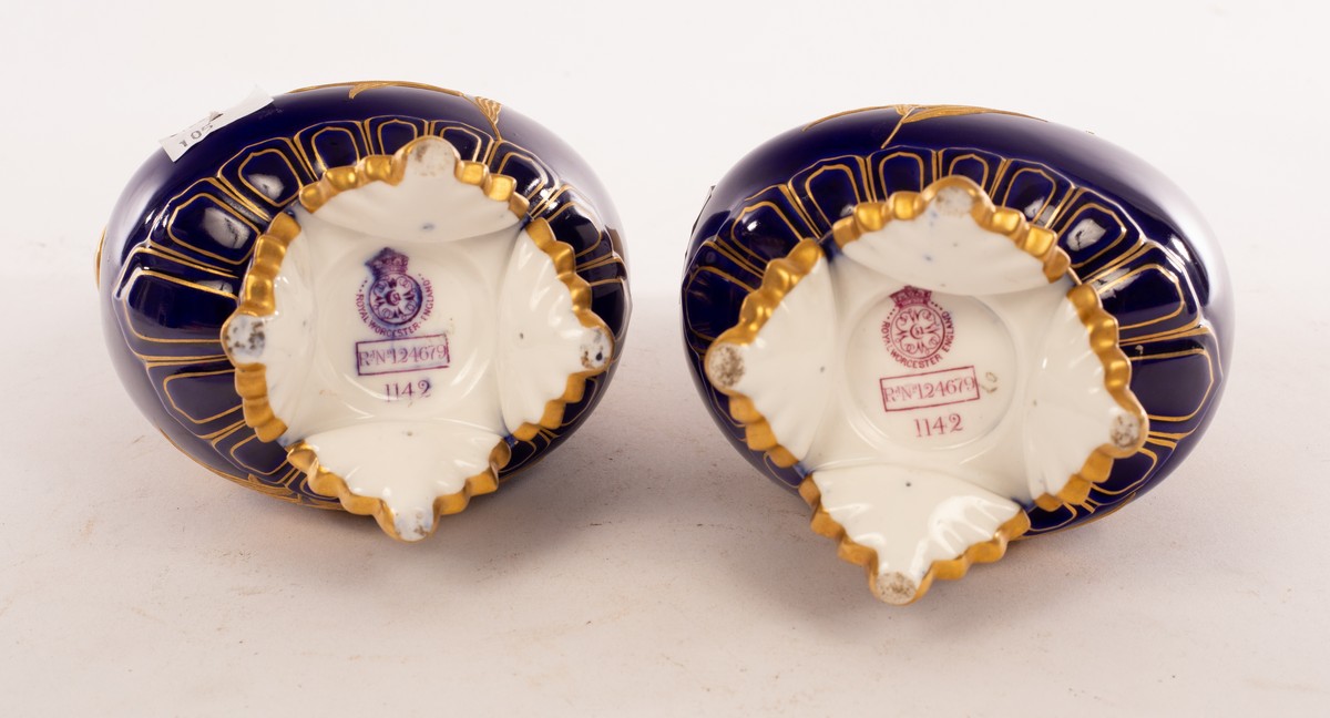 A pair of Royal Worcester pear-shaped vases of dark blue ground and gilded handles, - Image 8 of 8