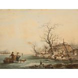 Jacob Van Strij (1756-1815)/Winter Landscape/with figures on a frozen river beside buildings/signed