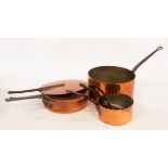Five copper pans, the largest 29cm diameter and two lids,