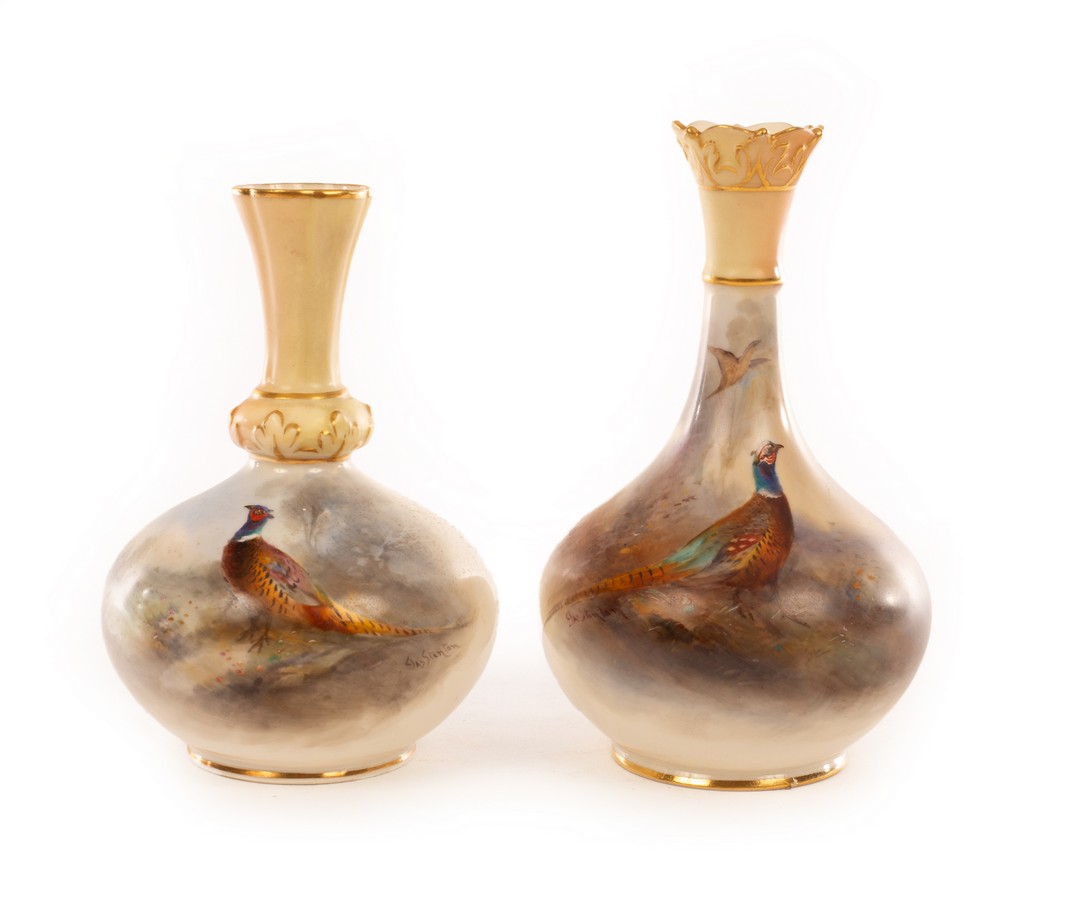 Two Royal Worcester vases, each with narrow blush ivory neck highlighted with gilt,